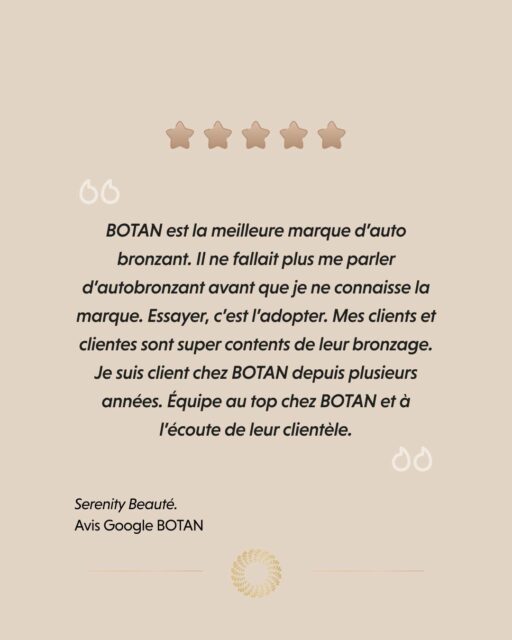 Il n'y a pas de meilleur retour que celui des professionnels qui font vivre BOTAN au quotidien dans leur institut.
Quand un partenaire nous partage son expérience, c'est avant tout l'histoire d'une exigence partagée : la recherche d'un hâle irréprochable, d'une fidélité de couleur absolue et du confort absolu pour ses clients.
Parce que la plus belle des vitrines, c'est la confiance de ceux qui, chaque jour, mettent leur savoir-faire entre nos mains.
#botancosmetics #spraytan #institutdebeauté #partenairebotan #estheticienne